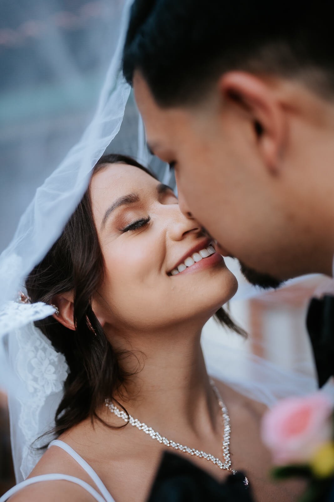 Couple in Wedding attire kiss under the veil. The bride smiles cheerful. 